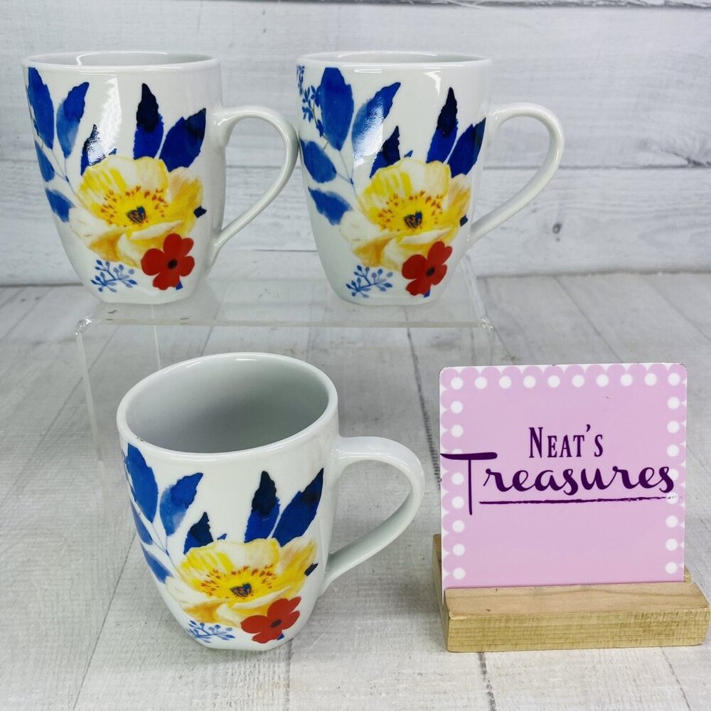 Tabletops ANEMONE BlueYellow Red Floral Square Porcelain 10oz Cups Mugs Set of 3